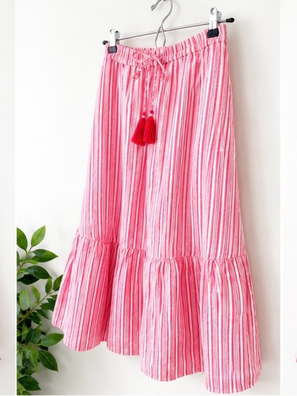 Talbots Red Pepper Multi Linen Stripe Tassel Tie Lined Maxi Skirt M-Petite - Picture 3 of 7